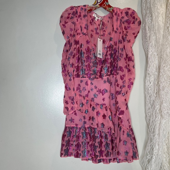 LoveShackFancy Caden whimsical Metallic Star Silk Puff Sleeve Mini Dress 0 - Picture 4 of 10